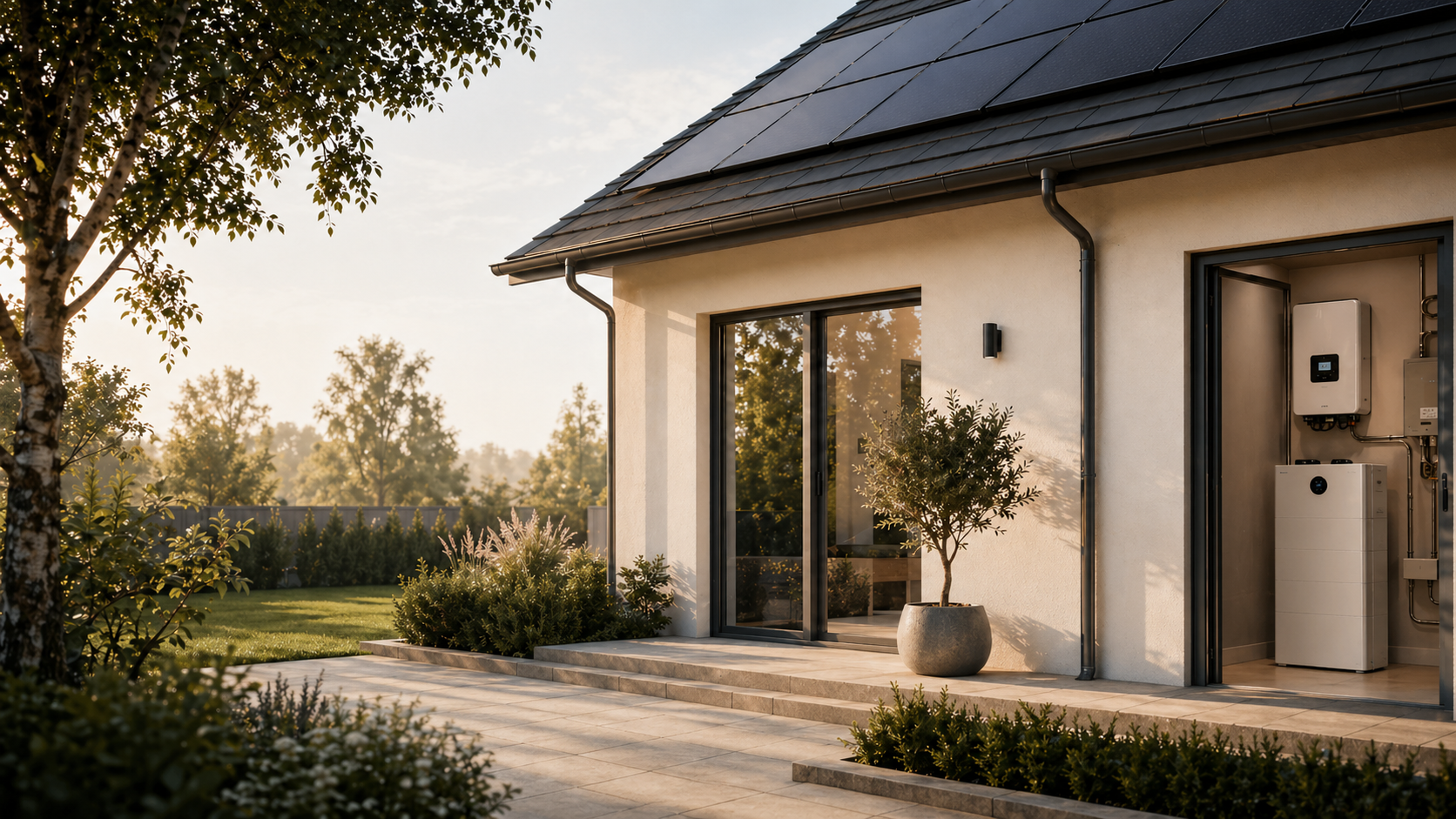 Сучасний будинок з сонячними панелями та автономною енергосистемою